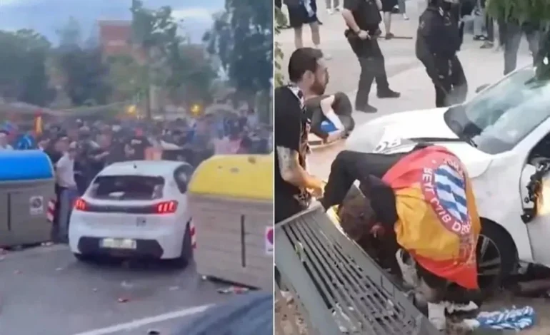 Embiste auto a aficionados afuera del Espanyol-Barsa